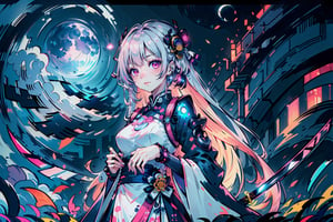 (datamoshing:1.5), (8k uhd, masterpiece, best quality, high quality,ultra-detailed, detailed background, ), (beautiful, aesthetic, perfect, delicate, intricate:1.2), (1girl), (solo), (human, pink eyes:1.3), (cyberpunk style, aodai cyber,moonlight, (clutching katana, blade gleaming under the moonlight:1.4), swift rust, leaves, magical, (serene background:1.3), Chrysanthemum, fierce, smirking, determined eyes, spectral moon, mysterious, faint mist, water surface, silver lighting, eyes glittering (poorly_lit, dark moonlight:1.3), fantasy,pink_hair, very long hair, goddess, royal dress, straight hair