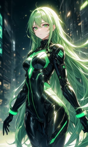 1 girl, long hair, green hair gradient, straight hair, green eyes, modern city background, beautiful, alternate hairstyle, blue earrings, young looking, young girl, strong, skin tight battle suit, nighttime, neon lights on the battle suit, tied up hair