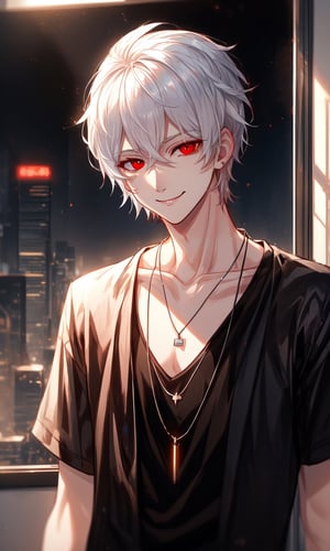 1boy, white hair, red eyes, modern city background, beautiful, alternate hairstyle, young looking, young boy, inside apartment, window showing city, nighttime, cool boy, dark room, neon lights, pale skin, white T-shirt, loose shirt, black earrings, bracelets, black necklace