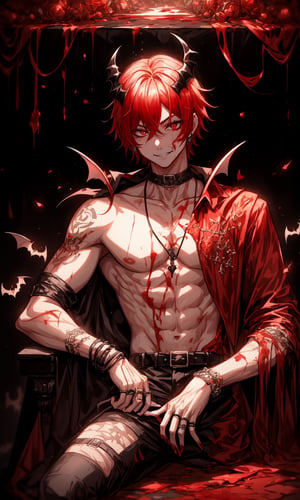 1 girl, short hair, red hair with white gradient, messy hair, red eyes, inferno, hell, hell city, inside hell's castle, vampire boy, bats, pale skin, beautiful, alternate hairstyle, red halo above head, covered in blood, sitting on an pile of bodies, multilated bodies on the background, inside hell's palace hall, earrings, collars, black crown, prince, rings, bracelets, wealth, body covered in red tattoos, ritualistic tattoos, exposed chest, exposed arms, king clothing, demon king cape, red clothes, young looking, young boy, strong, ripped clothes, torn apart clothes