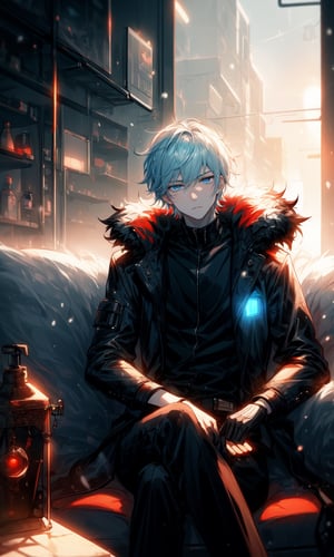 1boy, beautiful, pretty, dark gray hair, short hair, pale blue eyes, futuristic city, sunset, pale skin, cyberpunk, futuristic city background, neon lights, red lights, indoors, shadows, blacklight, sitting on the sofa, wolfy hair, white fur jacket, snowing outside, snow