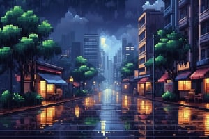 rainy season in a city with quiet streets only tall buildings with street lights on the picture is seen from the left or right no one is there,pixel style