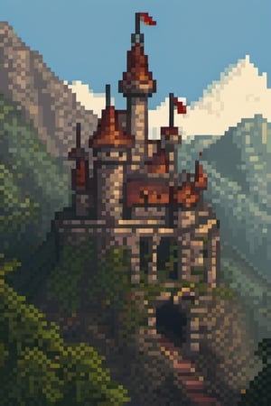 A forbidden castle high up in the mountains, pixel art, (intricate details:1.12), hdr, (intricate details, hyperdetailed:1.15), (natural skin texture, hyperrealism, soft light, sharp:1.2), game art, key visual, surreal ,pixelart