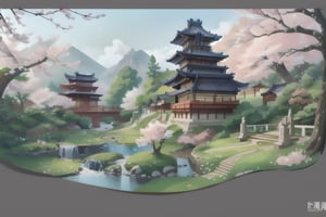 Concept art, top-down view, Game scenes, miniature maps, tree, scenery, no humans, water, stairs, grey background, bridge, east asian architecture, house, grass, pond, cherry blossoms, architecture, river, outdoors, building, simple background, bush,