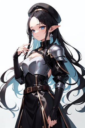 dynamic hair, 1girl with pointy ears and (ebony loose long hair:1.2), wearing black leather armor, Ethereal , parted hair, forehead, 20 years old elf, wearing black beret, (masterpiece, top quality, best quality, beautiful and aesthetic:1.2),outfit-km