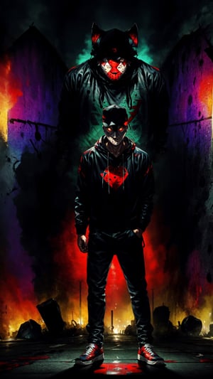 (friday the 13th,  jason), art by Edvard Munch , hip hop outfit, glowing eyes, chill pose, vibrant graffiti background, full body, tall and muscular,High detailed ,Color magic,Saturated colors