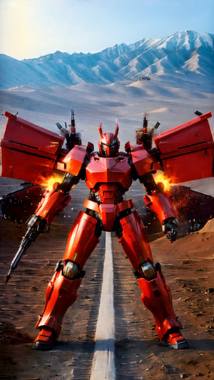 A red mech warrior transformer charges through the chaos of a battlefield in the desert.,(best quality, ultra detailed, absurdres, trendy