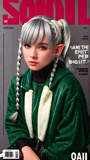 solo, (((magazine cover))), Streetwear outfit, winter fashion, 1girl dress lift, english text, 1girl, solo, elf, white hair, grey hair, earrings, pointy ears, long hair, ponytail, green eyes, twintails, parted bangs, thick eyebrows, trendy