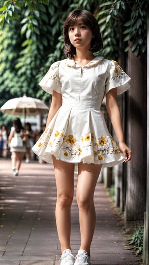 full body, beautiful, masterpiece, hyper realistic, 1girl, solo, short hair, long brown hair, hair ornament, dress, brown sneakers, flower, outdoors, day, white dress, depth of field, , kamen rider, looking up, trendy