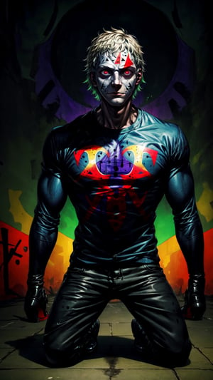 (friday the 13th,  jason), art by Edvard Munch , hip hop outfit, glowing eyes, chill pose, vibrant graffiti background, full body, tall and muscular,High detailed ,Color magic,Saturated colors,Color saturation 