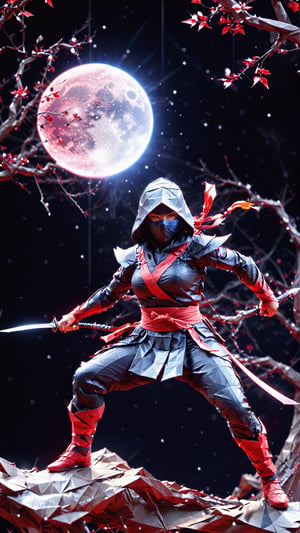 (digital artwork, origami style, female ninja warrior : 1.4), wide shot, (full body:1.45), (tricolor color scheme: black-red-white):1.45, (delicate and complex details: 1.5), highly intricacies, (night sky: 1.2), dry trees, dry leaves, (bright red full moon:1.3), 
(Photorealistic: 1.45), (Ultra Detailed CG Unified 8k Wallpaper: 1.5), Sharp Focus, Beautiful face:, professional photo lighting, super detailed background, detail background, elegant, kinematic,realhands,YAMATO,detailmaster2