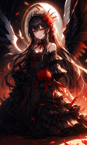 1 girl, fallen angel, black angel wings, fallen angel wings, long hair, black hair, messy hair, straight bangs, golden eyes, heaven, sunset sky, pale skin, red gothic dress. gothic lolita, angelic body, beautiful, white temple background