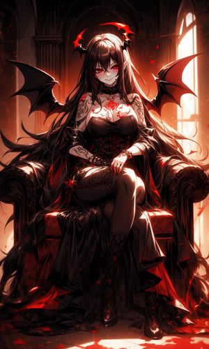 1girl, black and white hair, blood-red eyes, beautiful, alternate hairstyle, long hair, spiked hair, fuzzy hair, full body view, night, red light background, tall girl, mature woman, older, milf, inside castle room in hell, cute girl, cool pose, black choker, bracelets, demonic armor, dark armor, red tattoos covering the body, ritualistic tattoos, medium breasts, sitting on demonic throne, dark bat wings, blood halo above head, giant wings, big wings, fire, flames, hell, inferno, night, dark background, fizzy hair, spiked hair, fuzzy, vampire queen, high boots, goth dress