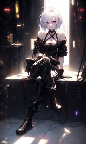 1girl, short hair, white hair, straight hair, long bangs, glowing violet eyes, hair covering the right eye, pale skin, beautiful, cyberpunk, futuristic city background, galaxy sky, starry sky, inside cyberpunk room, alternate hairstyle, black cropped top covering neck, black cargo pants, full body view, black boots, sitting down beside the window, very short hair