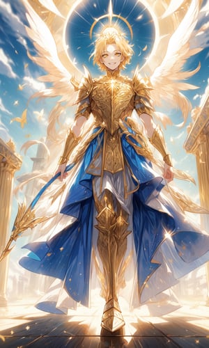 1man, light-blonde hair, light-yellow eyes, beautiful, alternate hairstyle, short hair, pale skin, sunlight, heaven, golden angel wings, multiple wings, angel, golden halo above head, golden angelic armor, sunshine, sunny sky, white greek monuments, showing sky on the background, blue sky, skin tight armor, ancient bright symbols on the armor, golden egyptian tattoos, seraph, seraph halo, short hair, very short hair, god of angels, full body view, giant throne, giant wings, open wide wings, god, exposed forehead, heaven background, bright background, sun on the background, blue sky, mature, strong, tall