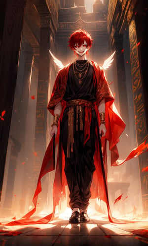 1boy, dark-red hair, flaming-red eyes, ancient city background, beautiful, alternate hairstyle, young looking, young boy, pale skin, black earrings, bracelets, black necklace, red halo, egyptian clothes, pharaoh clothes, divive, god, full body view, sunlight, covered in blood, burning city background, exposed body, short robes