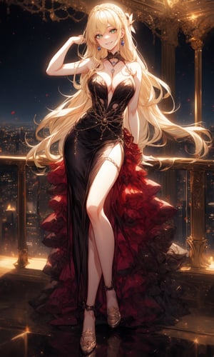 1girl, pale-blonde hair, beautiful, alternate hairstyle, full body view, night, cute girl, cool pose, diamond collar, diamond earrings, medium breasts, night, dark background, sitting on the edge of an tall building, city lights far below, dark-purple long prom dress, exposed body, sexy, hot girl, muse, young, teen, cute girl, twin_braid, dancing on the prom, tall girl, tied hair, diamonds on dress, diamond jewelry