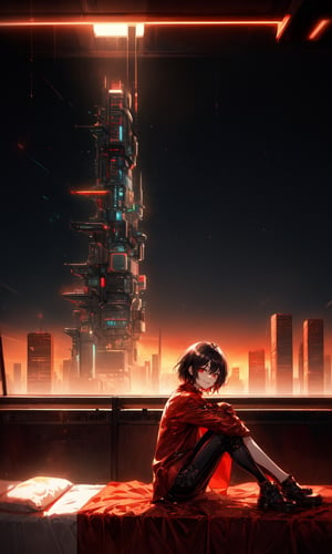 1girl, beautiful, pretty, black hair with red details, short hair, red eyes, sitting on the bed, futuristic city, cyberpunk, technological, dark room, neon city lights on the outside, sunset, short girl, teen girl, pale skin, spaceships, tall buildings, giant buildings, megastructures