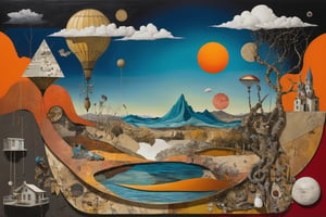 An eclectic artwork combining various materials like collage, paint, and found objects, depicting a surreal dreamscape