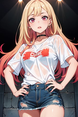 (masterpiece, best quality, highres:1.3), ultra resolution image, wearing white and light blue t-shirt and denim skirt and converse, pose,Kitagawa marin ,High detailed ,perfect