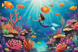 Digital painting A whimsical underwater scene with colorful coral reefs, tropical fish, and a mermaid swimming gracefully