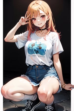 (masterpiece, best quality, highres:1.3), ultra resolution image, wearing white and light blue t-shirt and denim skirt and converse, pose,Kitagawa marin 