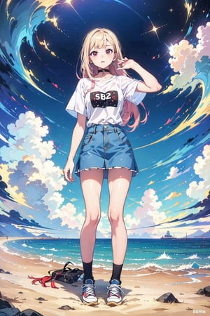 (masterpiece, best quality, highres:1.3), ultra resolution image, wearing white and light blue t-shirt and denim skirt and converse, pose,((Kitagawa marin)) ,High detailed ,perfect,EpicSky