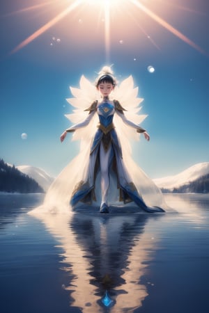 tall and slender, with a graceful bearing, upper_body,  frozen background, light,  sunlight,  magic,  lake,   clothes,  floating_hair,  floating water, water magic,  white armor ornaments,  flowers,  sunshine,  light reflections  ,(suguha:1.4)