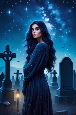 mysterious girl with dark hair standing in a graveyard under a starry night sky