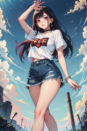 (masterpiece, best quality, highres:1.3), ultra resolution image, wearing white and light blue t-shirt and denim skirt and converse, pose,Kitagawa marin ,High detailed ,perfect,Color magic,Saturated colors