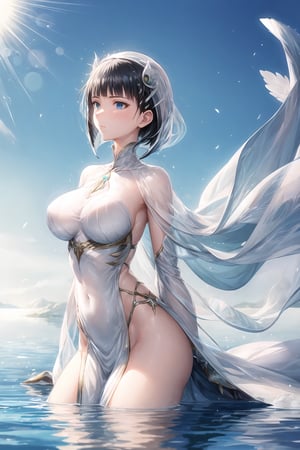 tall and slender, with a graceful bearing, upper_body,  frozen background, light,  sunlight,  magic,  lake,   clothes,  floating_hair,  floating water, water magic,  white armor ornaments,  flowers,  sunshine,  light reflections  ,(suguha:1.4)