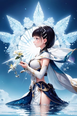 tall and slender, with a graceful bearing, upper_body,  frozen background, light,  sunlight,  magic,  lake,   clothes,  floating_hair,  floating water, water magic,  white armor ornaments,  flowers,  sunshine,  light reflections  ,(suguha:1.4),masterpiece