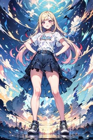 (masterpiece, best quality, highres:1.3), ultra resolution image, wearing white and light blue t-shirt and denim skirt and converse, pose,((Kitagawa marin)) ,High detailed ,perfect,EpicSky