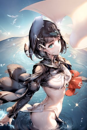 tall and slender, with a graceful bearing, upper_body,  frozen background, light,  sunlight,  magic,  lake,   clothes,  floating_hair,  floating water, water magic,  white armor ornaments,  flowers,  sunshine,  light reflections  ,(suguha:1.4),masterpiece