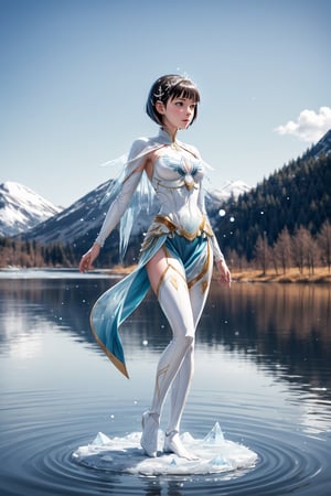 tall and slender, with a graceful bearing, upper_body,  frozen background, light,  sunlight,  magic,  lake,   clothes,  floating_hair,  floating water, water magic,  white armor ornaments,  flowers,  sunshine,  light reflections  ,(suguha:1.4)