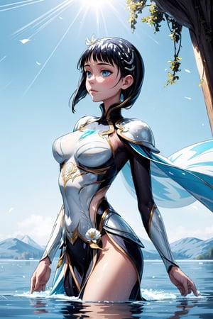 tall and slender, with a graceful bearing, upper_body,  frozen background, light,  sunlight,  magic,  lake,   clothes,  floating_hair,  floating water, water magic,  white armor ornaments,  flowers,  sunshine,  light reflections  ,(suguha:1.4)