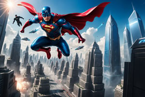 A futuristic cityscape with a superhero in action, flying through the sky and battling against evil