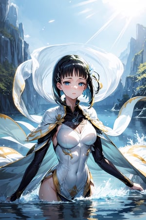 tall and slender, with a graceful bearing, upper_body,  frozen background, light,  sunlight,  magic,  lake,   clothes,  floating_hair,  floating water, water magic,  white armor ornaments,  flowers,  sunshine,  light reflections  ,(suguha:1.4)