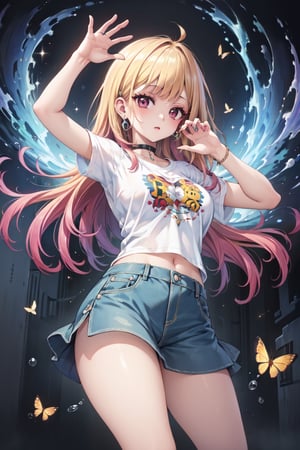 (masterpiece, best quality, highres:1.3), ultra resolution image, wearing white and light blue t-shirt and denim skirt and converse, pose,Kitagawa marin ,High detailed ,perfect,Color magic