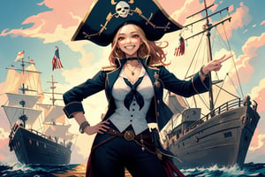 pirateship,  pirates of caribbean,  female pirate captain smiling, being brave, standing on pirate ship deck,  wearing pirate clothes, hand pointing to the sea,  another hand on hips,  detailed photo,  front view., High detailed.
dynamic pose.,Kitagawa marin ,High detailed 
