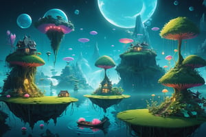 A surrealistic landscape with floating islands, glowing plants, and whimsical creatures