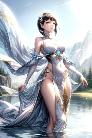 tall and slender, with a graceful bearing, upper_body,  frozen background, light,  sunlight,  magic,  lake,   clothes,  floating_hair,  floating water, water magic,  white armor ornaments,  flowers,  sunshine,  light reflections  ,(suguha:1.4),masterpiece