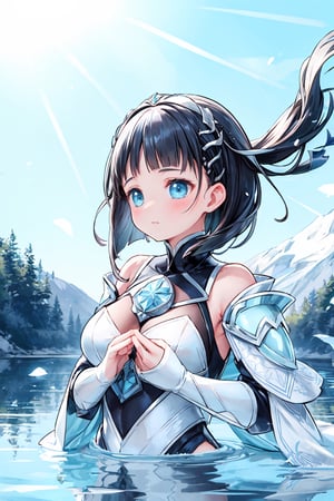 tall and slender, with a graceful bearing, upper_body,  frozen background, light,  sunlight,  magic,  lake,   clothes,  floating_hair,  floating water, water magic,  white armor ornaments,  flowers,  sunshine,  light reflections  ,(suguha:1.4),masterpiece