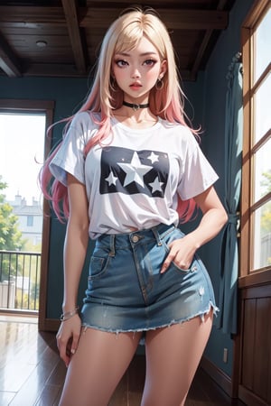 (masterpiece, best quality, highres:1.3), ultra resolution image, wearing white and light blue t-shirt and denim skirt and converse, pose,Kitagawa marin ,High detailed ,perfect,Color magic