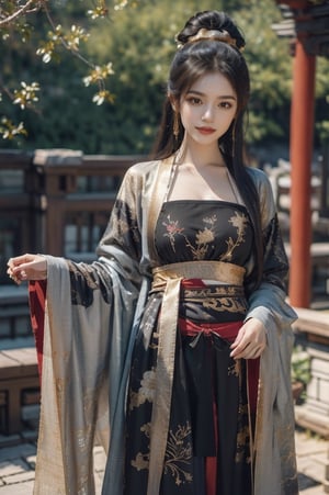 mature, fully clothed, (extremely detailed CG unity 8k wallpaper), ANCIENT_CHINESE_CASTLE_GARDEN_BACKGROUND, (((masterpiece))), (((best quality))), ((ultra-detailed)), (best illustration), long black hair, ambiguous smile, show navel, elegant clothes, fully clothed, ancient chinese cloth, elegant poses, (best shadow), ((an extremely delicate and beautiful)), ((gold-red black theme: 1.5)), high contrast,  Embody the allure of an ancient princesse, exuding beauty, sensuality, and charm. mesmerizing eyes, conveying mystery and allure, elegant and alluring, a slender physique, thin waist, and an aura of mystique, adorned with intricate patterns or ornate details, ink, fujimotostyle, oilpainting, tangdynastyhanfu, chang