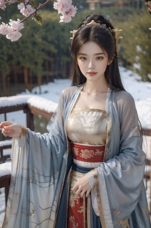 mature, fully clothed, snow, red plum flowers in snow, (extremely detailed CG unity 8k wallpaper), ANCIENT_CHINESE_CASTLE_GARDEN_BACKGROUND, (((masterpiece))), (((best quality))), ((ultra-detailed)), (best illustration), long black hair, ambiguous smile, show navel, elegant clothes, fully clothed, ancient chinese cloth, elegant poses, (best shadow), ((an extremely delicate and beautiful)), ((gold-red theme: 1.5)), high contrast,  Embody the allure of an ancient princesse, exuding beauty, sensuality, and charm. mesmerizing eyes, conveying mystery and allure, elegant and alluring, a slender physique, thin waist, and an aura of mystique, adorned with intricate patterns or ornate details, ink, fujimotostyle, oilpainting, tangdynastyhanfu, chang