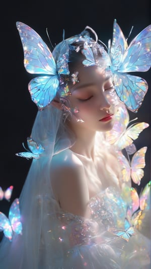 1girl, 20 year old mature female, mature female:2, 范冰冰, realistic artwork, high detailed, with glowing backlit panels, white translucent butterflyies, (holographic iridescent gradient) butterfly wings, very thin white translucent butterfly thorax, small and abstract buttefly thorax and head, glowing, black background:10, grainy, shiny, pastel colors:3, colorful (yellow, white, pink, light blue), aura_glowing, colored_aura, ((realistic skin)), contrasting shadows:4, photographic, (transparent_butterflies are part of her body), sleeping:1.4, butterfly_helmet, ((depth_of_field)), epic pose, realism, dreamy, dreamy background, detailed face, glowing strapless white dress, long hair, photo realistic, niji style, xxmixgirl, FilmGirl