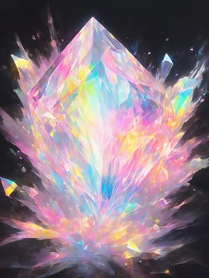 1 white translucent diamond, (holographic iridescent gradient) diamond, glowing, black background:10, grainy, shiny, pastel colors:3, colorful (yellow, white, pink), aura_glowing, colored_aura, no_human, dripping paint