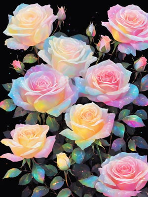 3 white transparent rose on black background, (holographic iridescent gradient) rose, rose of different sizes, glowing, black background:10, grainy, shiny, pastel colors:3, colorful (yellow, white, pink), aura_glowing, colored_aura, bottom of frame, middle of frame, no_human, dripping paint