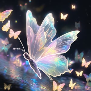 1 white translucent butterfly, (holographic iridescent gradient) butterfly wings, white translucent butterfly body, glowing, black background:10, grainy:3, shiny:3, pastel colors:3, colorful (yellow, white, pink), aura_glowing, colored_aura, center of frame, no_human